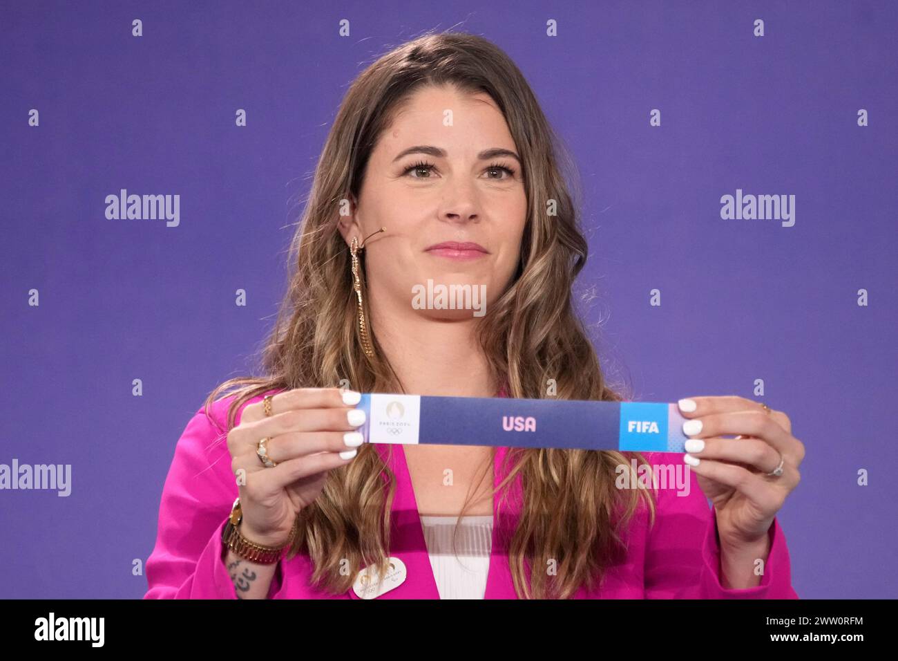 Canadian soccer player Stephanie Labbe draws USA during the draw for