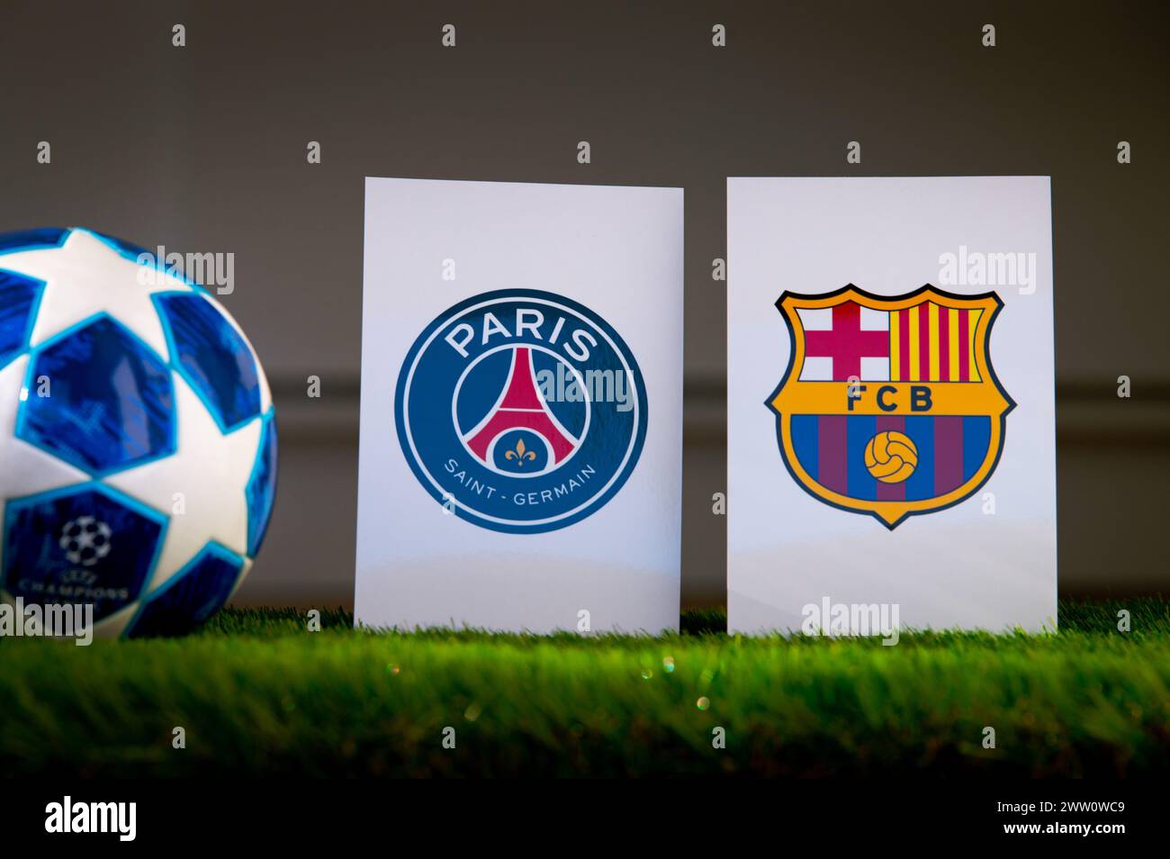 PARIS, FRANCE, MARCH. 16. 2024: Paris Saint-Germain (FRA) vs FC Barcelona (ESP. Quarter Finals of football UEFA Champions League 2024 in Europe. Logo Stock Photo