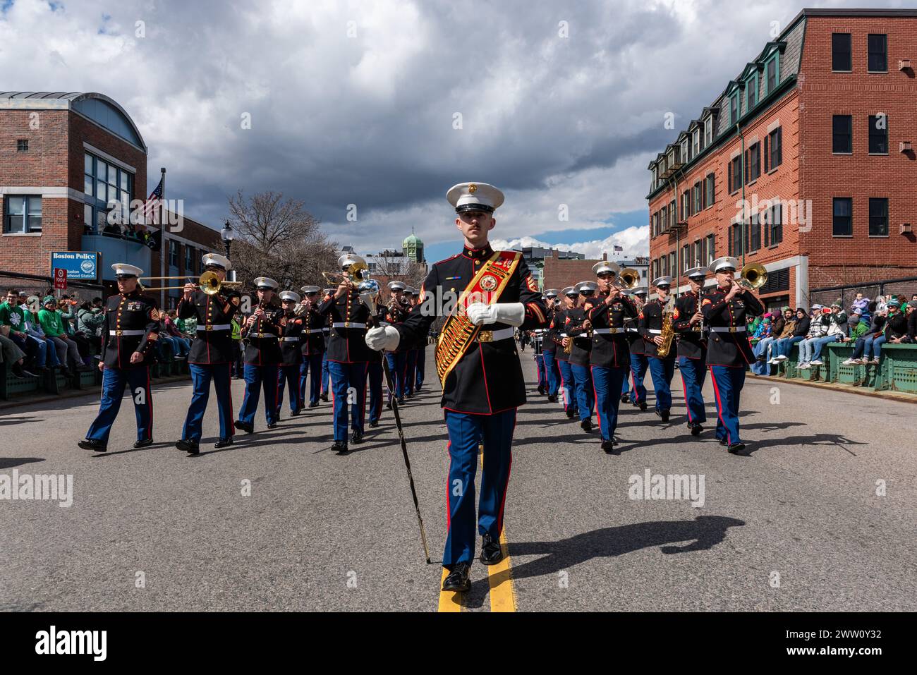 Thousands of people came to enjoy, participate, and celebrate at South Boston Allied War Veterans' South Boston Saint Patrick's Day Parade. Boston, Ma Stock Photo