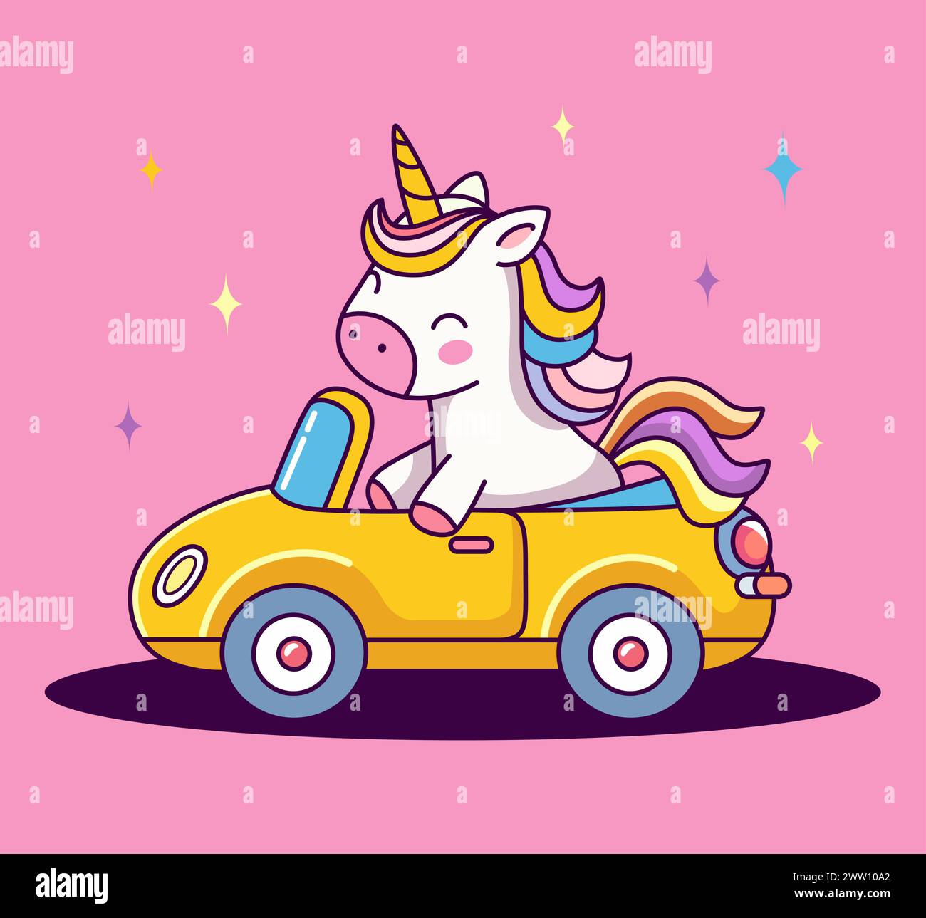 Cute unicorn with driving a yellow car cartoon kawaii, vector ...