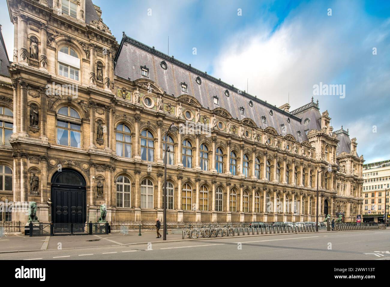 The ornate rear facade of Paris Hotel de Ville stands under a cloudy sky. Stock Photo