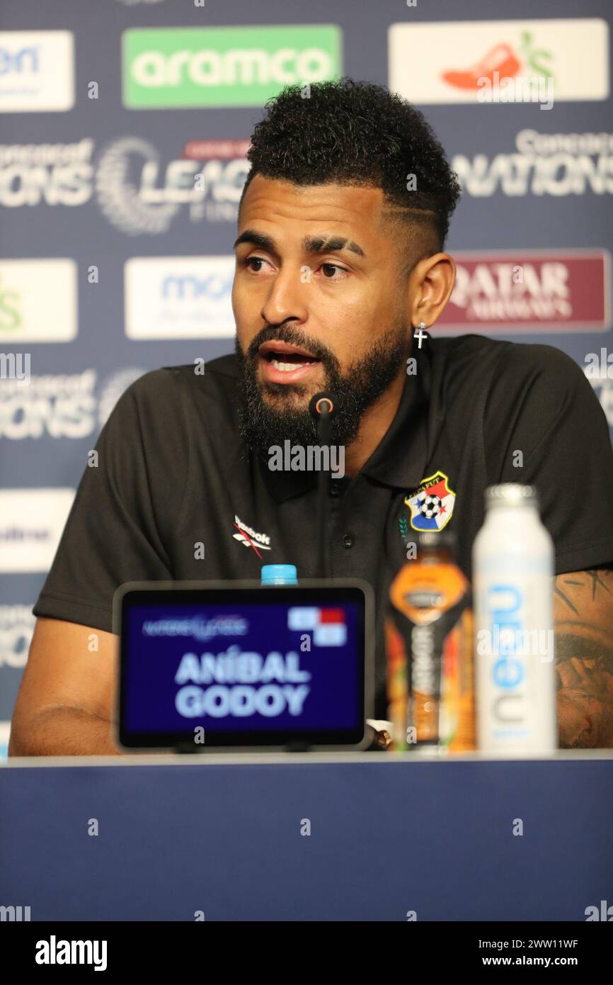 Arlington, Texas, USA. 20th Mar, 2024. Panama National Soccer player ANIBAL GODOY THOMAS CHRISTIANSEN addresses the media on Wednesday at AT&T Stadium in Arlington, Texas. The press conference was held the day before two soccer matches are to be held at AT&T Stadium. The first of the two matches will see USA vs Jamaica at 6:00 pm CST followed by Panama vs Mexico at 9:15 pm CST. There will be four more matches. The first two matches sees Canada vs Trinidad and Tobago at 3:00 pm CST followed by Costa Rica vs Honduras at 6:15 pm CST on Saturday, March 23 at Toyota Stadium in Frisco, Texas. The Stock Photo