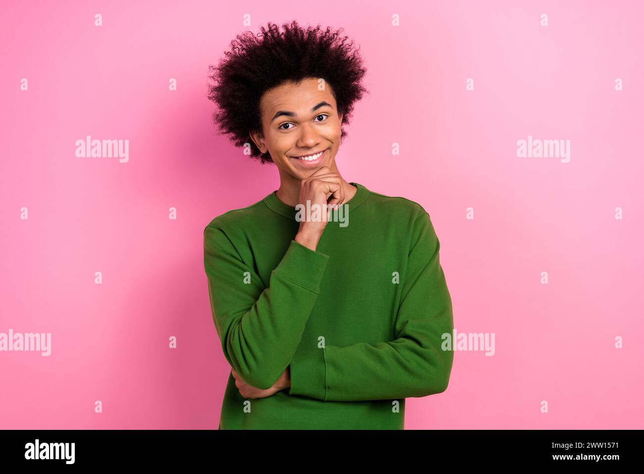Photo of happy positive clever guy thinking idea smile isolated pastel color background Stock Photo