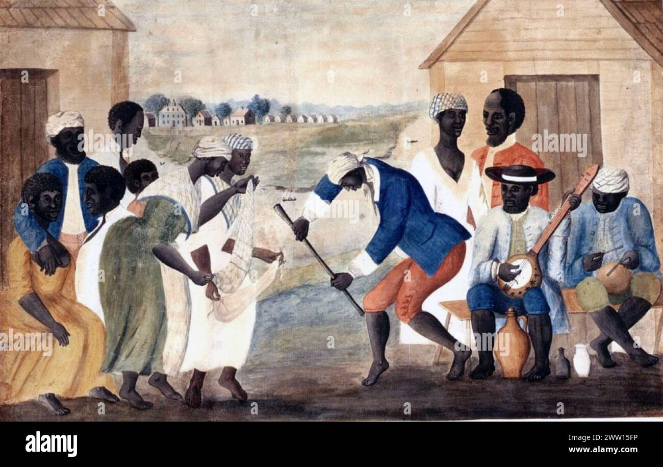 'PLANTATION LIFE' painting about 1780 of a scene on a Virginia farm with slaves making music and dancing Stock Photo