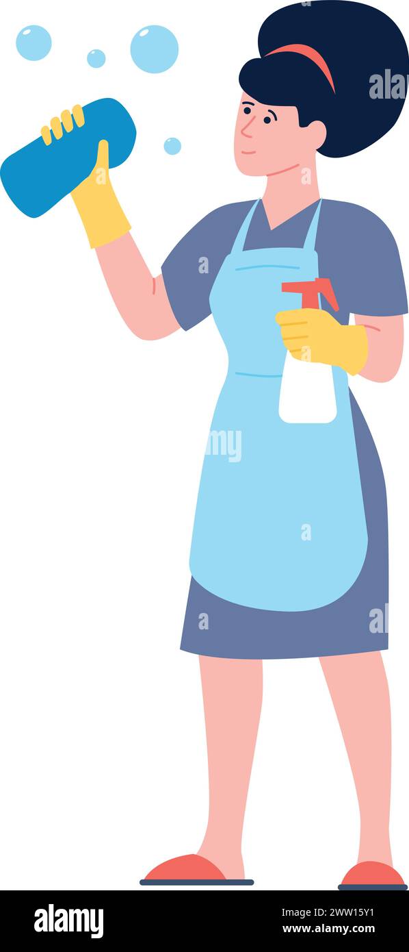 Cleaning lady mascot. Woman housekeeping with spray bottle and washing ...