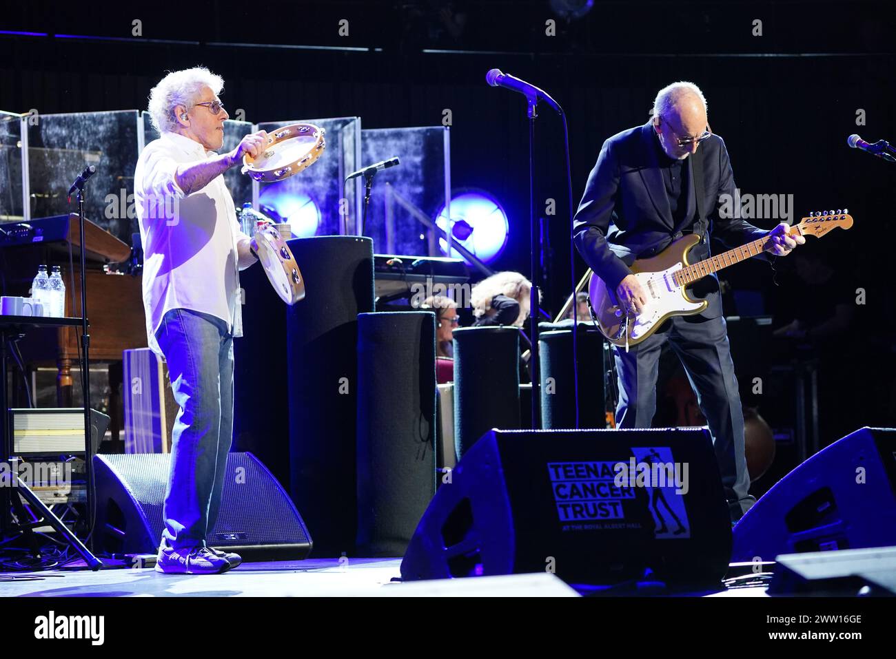 Roger Daltrey and Pete Townshend from The Who onstage during the Teenage Cancer Trust show at the Royal Albert Hall, London. Picture date: Wednesday March 20, 2024. Stock Photo