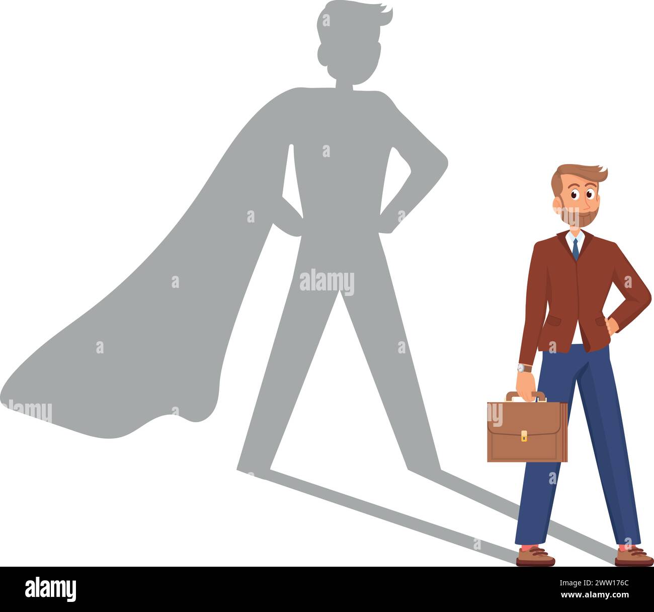 Businessman with superhero shadow in cape. Work superpower illustration Stock Vector