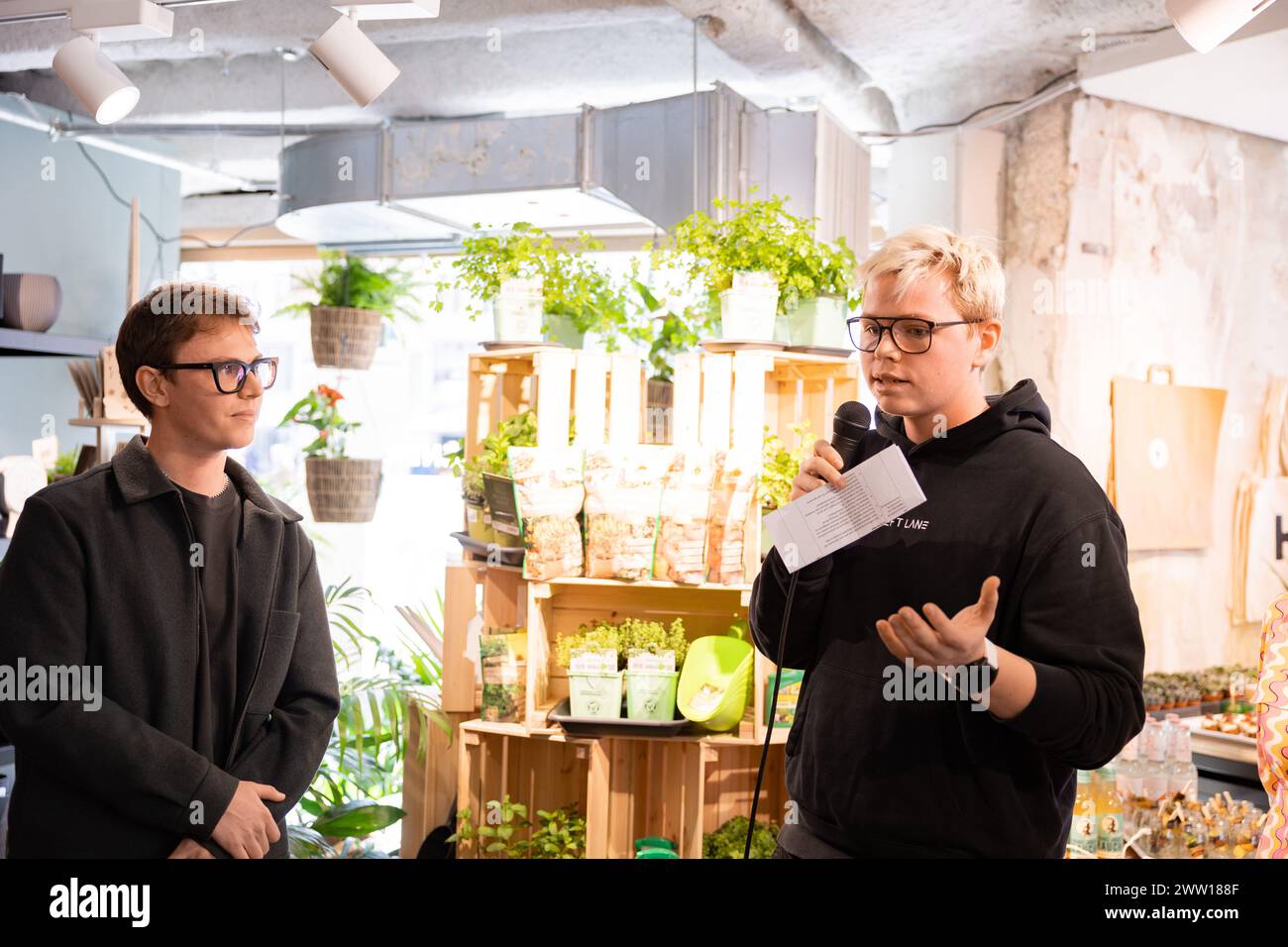 Munich, Germany. 20th Mar, 2024. Valentin Kiefl, Jakob Kiefl at the opening of the Future Retail Store Urban Gardeners by Kiefl in the Townhall in Munich, Germany on March 20, 2024. (Photo by Alexander Pohl/Sipa USA) Credit: Sipa USA/Alamy Live News Stock Photo