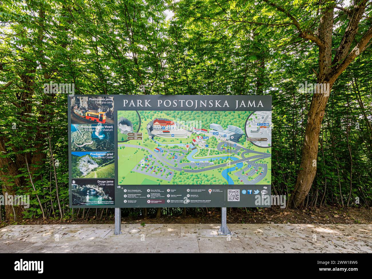 Map guide at the entrance to Postojnska Jama (Postojna Cave Park), an iconic limestone karst cave system in Slovenia, central & eastern Europe Stock Photo