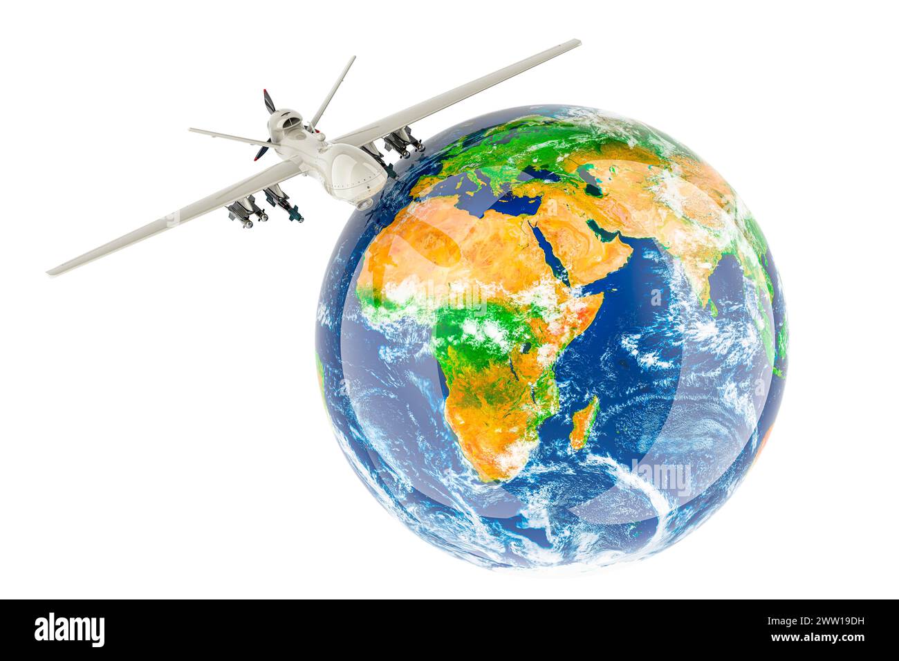 Military drone flying above Earth Globe. 3D rendering isolated on white background Stock Photo