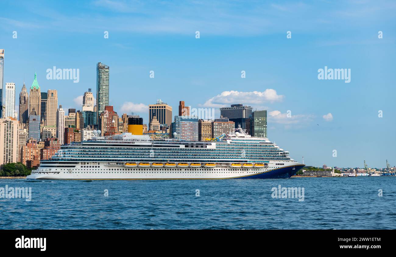 Cruise ship York. Skyline of New York Manhattan cruising on the Hudson