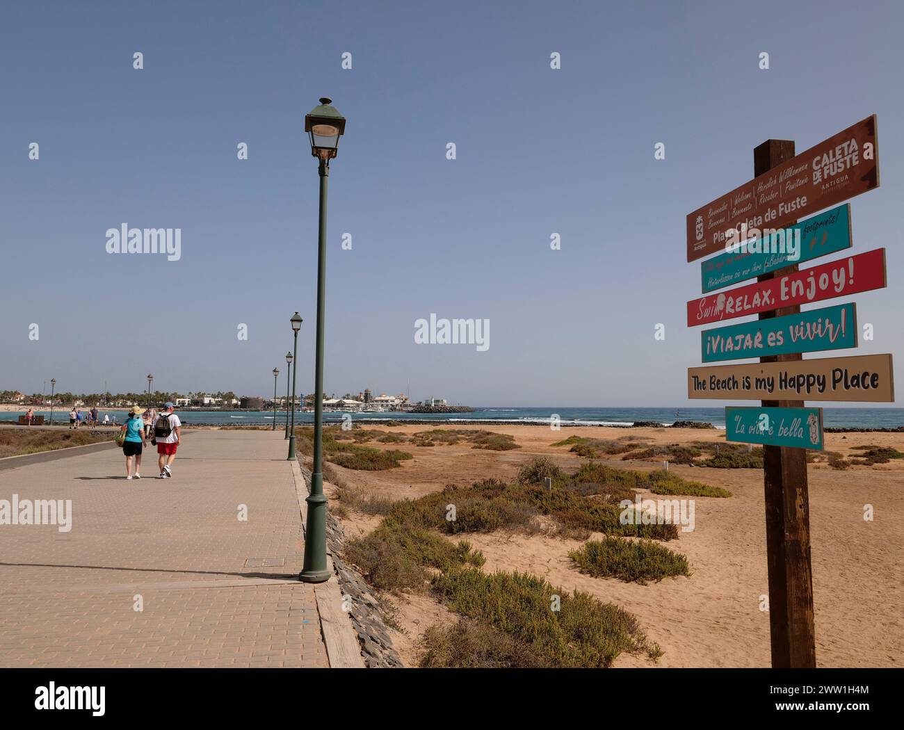 La Guirra beach, seafront sign, Paseo Marítimo, Player Cateta de Fuste, east coast of Fuerteventura, Antigua, Canary Islands, Spain Stock Photo