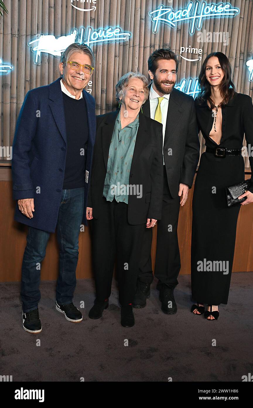 Jeanne Cadieu, Jake Gyllenhaal and his parents Stephen and Naomi Foner Gyllenhaal attend the New York Premiere of 'Roadhouse' at Jazz at Lincoln Center in New York, New York on March 19, 2024. Robin Platzer/ Twin Images/ Credit: Sipa USA/Alamy Live News Stock Photo