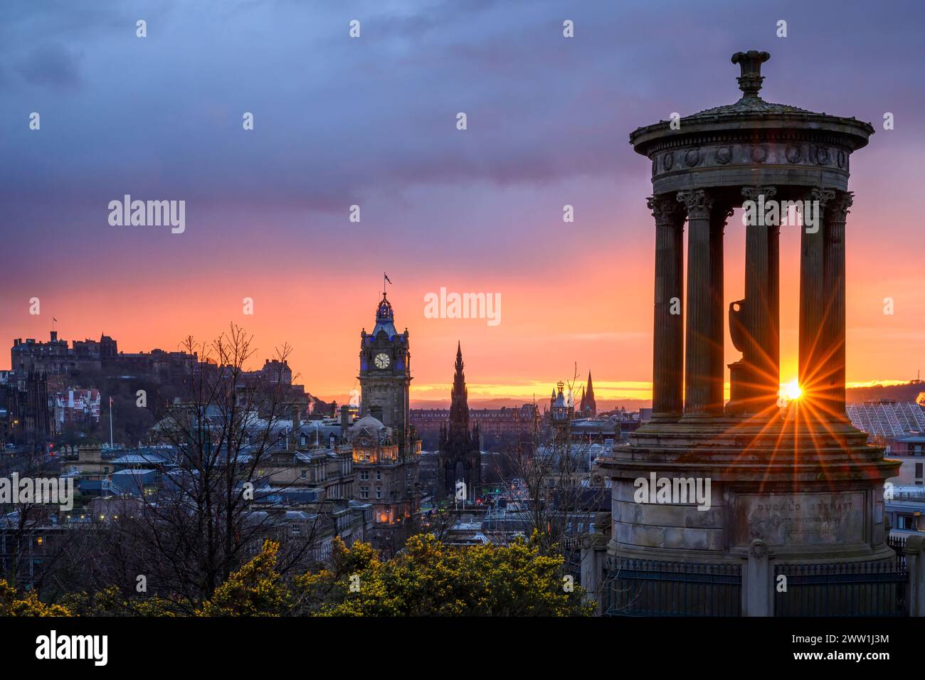 Stewart Monument and the view from Calton Hill in downtown Edinburgh, Scotland. Stock Photo