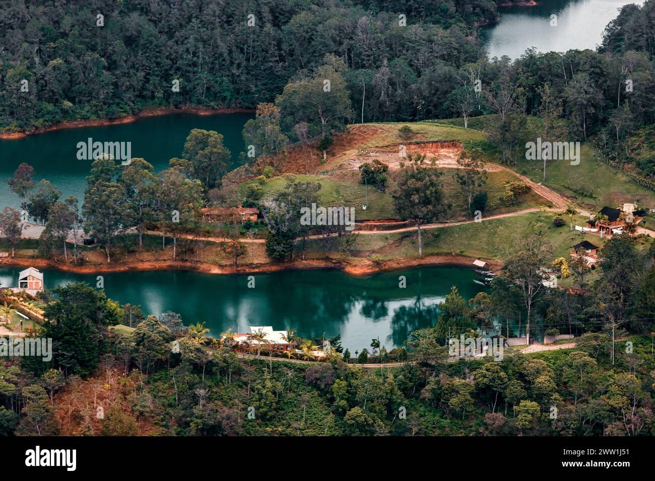Aerial panoramic view of the Guatape-Peñol reservoir in Antioquia, Colombia Stock Photo