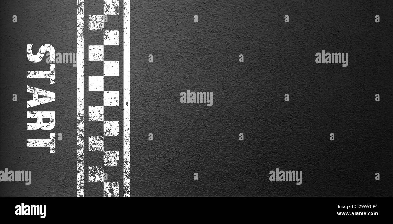 Asphalt road with white start line marking, concrete highway surface