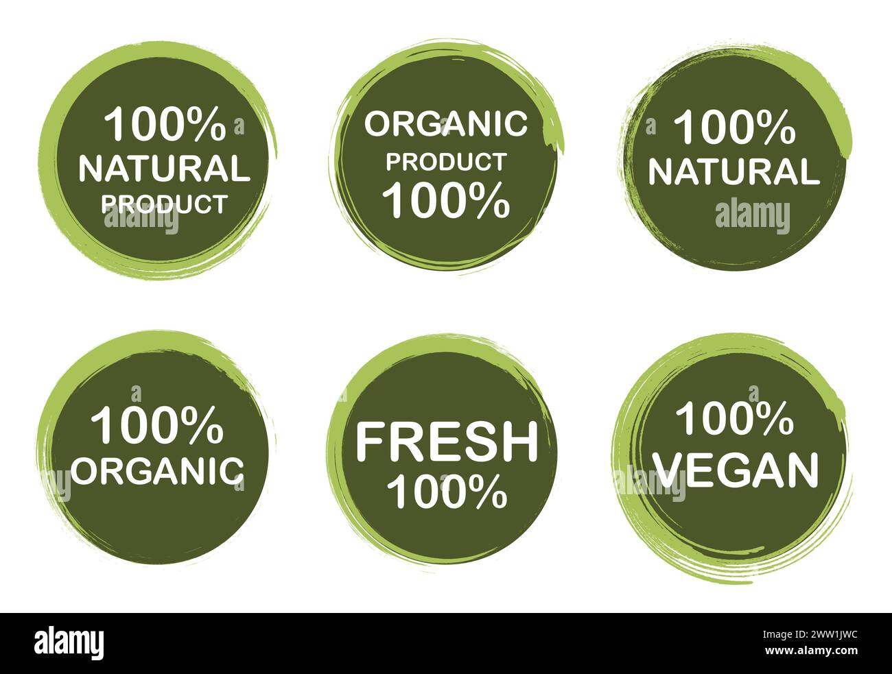 Natural product, natural farming, vegan food, organic, eco, vegetarian labels paint brush strokes collection. Stock Vector