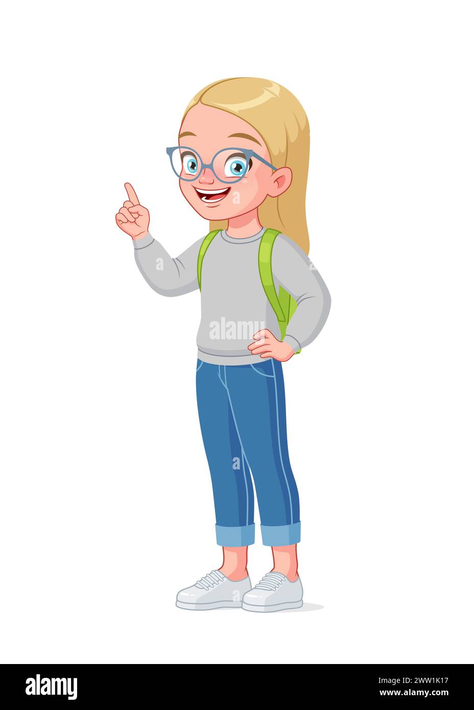 Cute little school girl in glasses index finger pointing up with idea ...