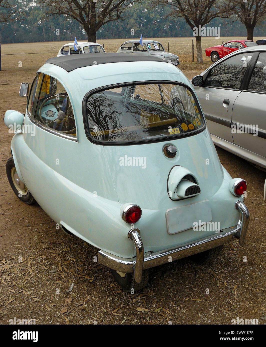 BMW Isetta 300 rear part of old vehicle in light blue color Stock Photo