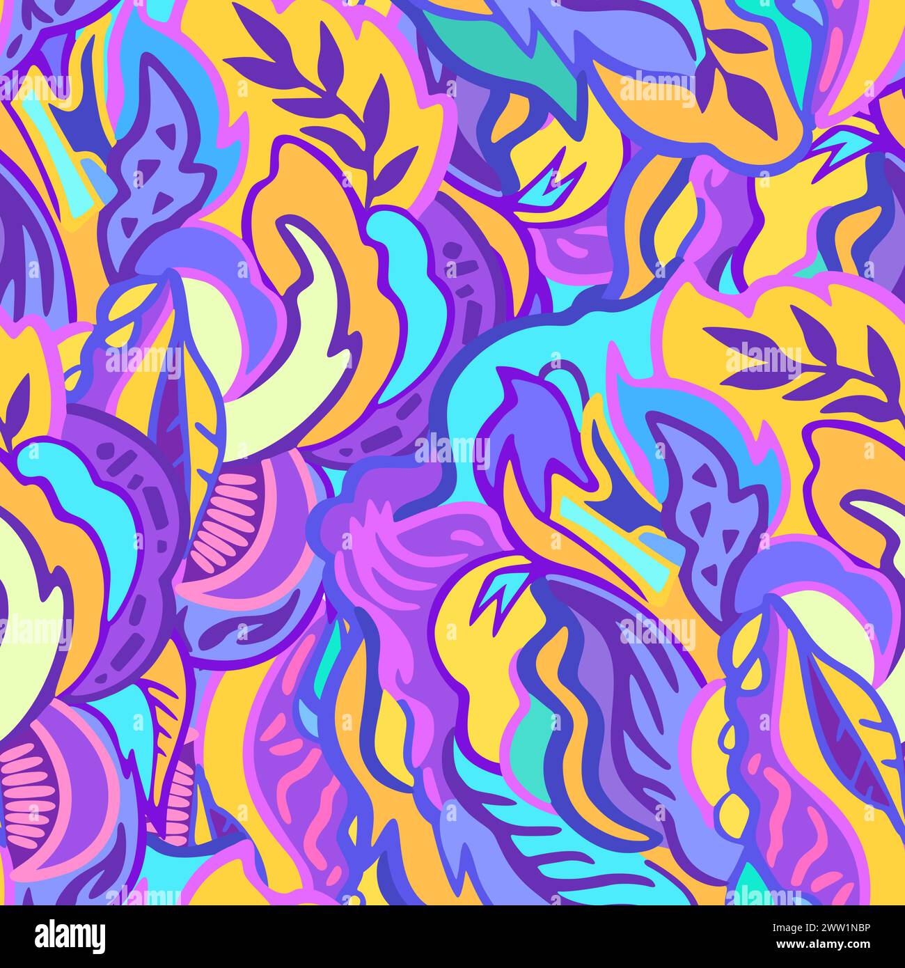 Colorful seamless pattern with chaotic floral and psychedelic abstract elements. Vector illustration. Stock Vector