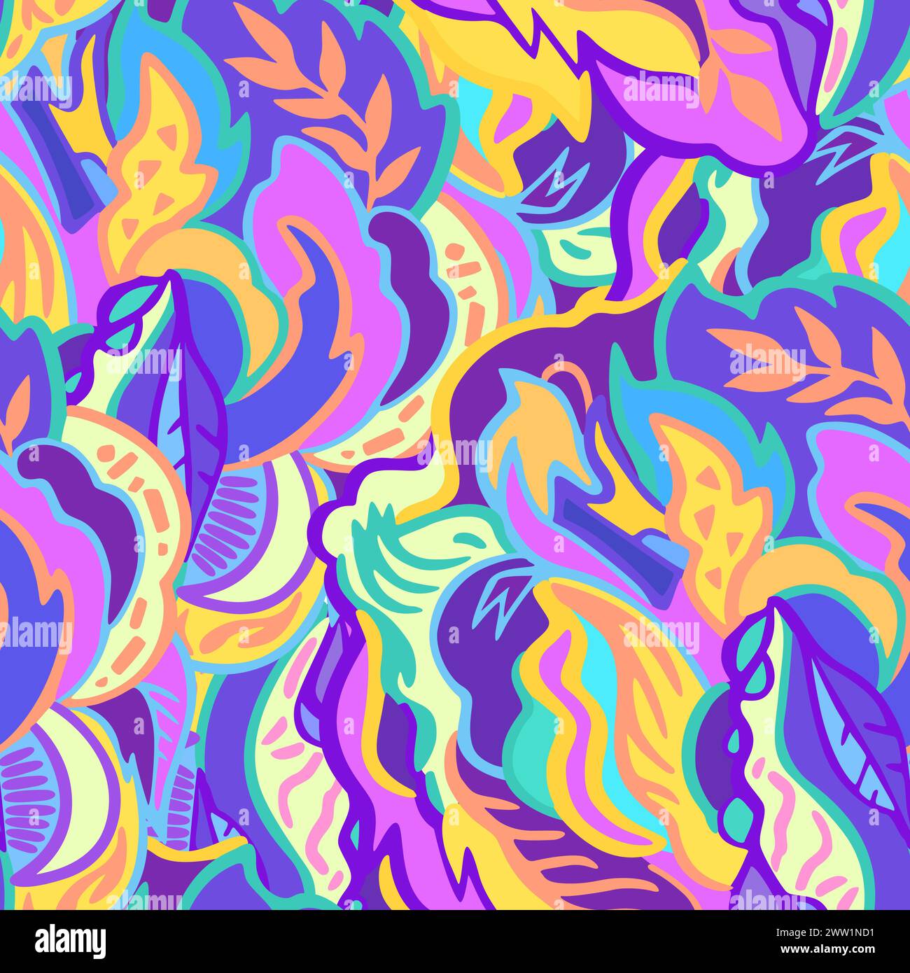 Colorful seamless pattern with chaotic floral and psychedelic abstract elements. Vector illustration. Stock Vector