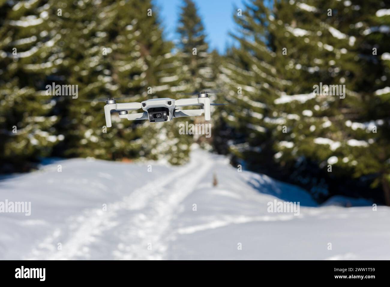 A small drone recording footage in the forest surrounded with a snow. Stock Photo