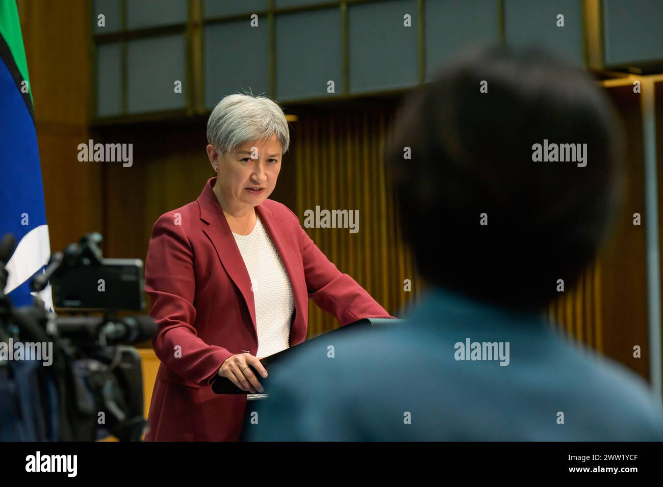 Canberra, Australia. 20th Mar, 2024. Australian Foreign Minister, Penny Wong, answers questions from the journalists during a press conference. Australian Foreign Minister Penny Wong held a press conference in Parliament House following her meeting with Chinese Foreign Minister Wang Yi, regarding the Australia-China Foreign and Strategic Dialogue. During the press conference, she addressed topics such as Australia's relationship with China, Dr. Yang Hengjun, and Australia's Ambassador to the United States. Credit: SOPA Images Limited/Alamy Live News Stock Photo