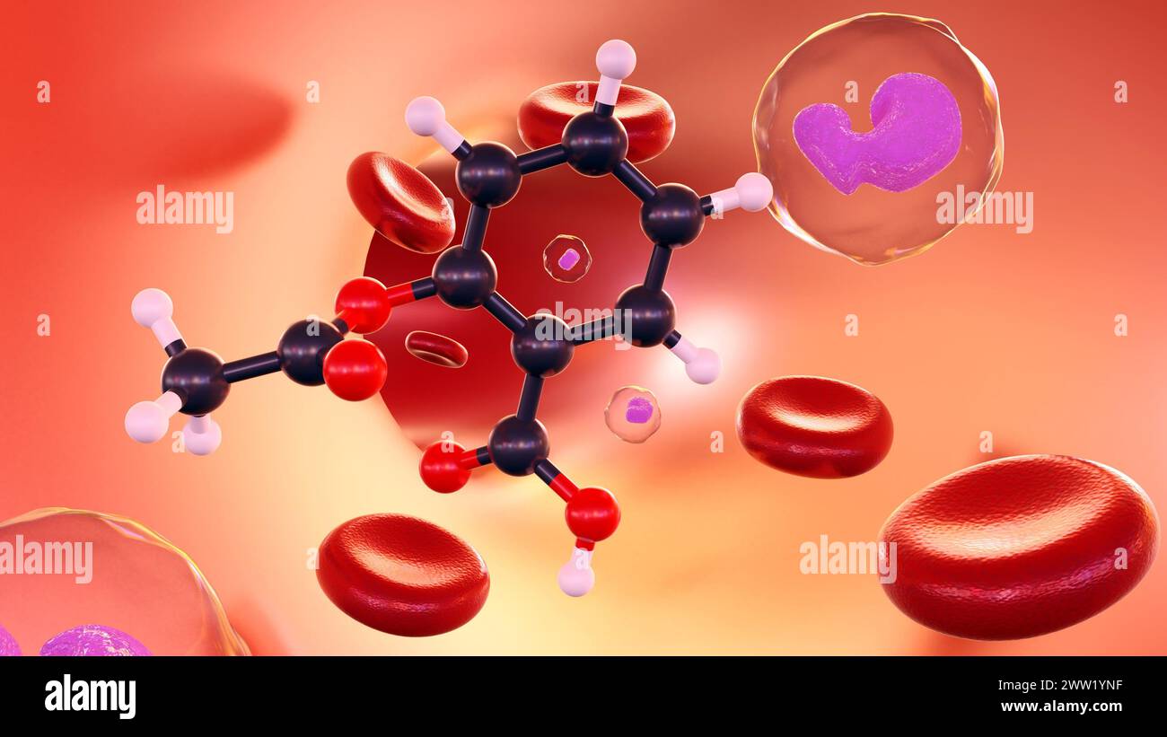 3d rendering of aspirin molecules inside of blood vessel with red and
