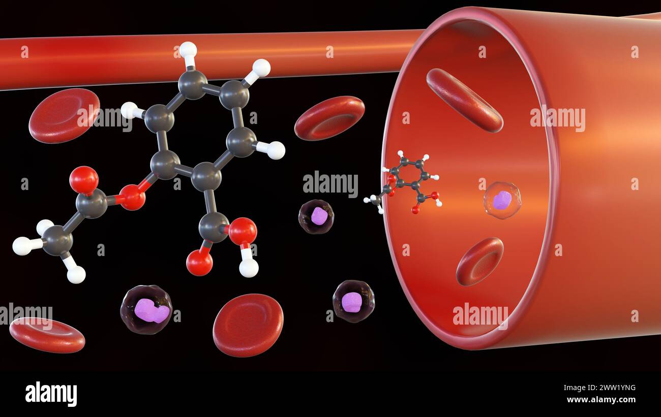 3d rendering of aspirin molecules inside of blood vessel with red and
