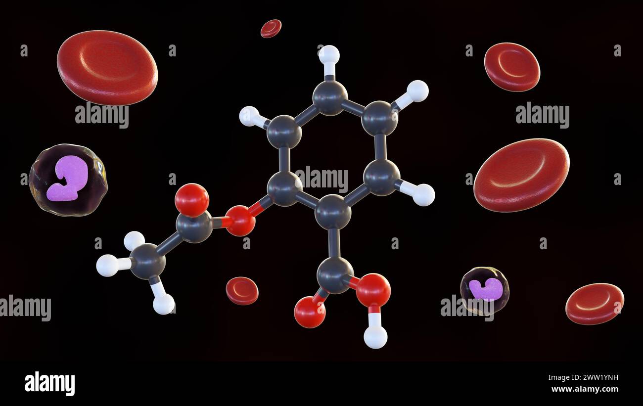3d rendering of aspirin molecules inside of blood vessel with red and