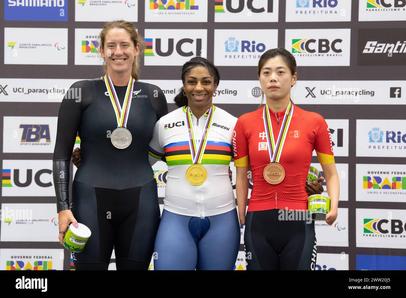 Rio de Janeiro, Brazil. 20th Mar, 2024. The podium of the women's C4 500 meter time trial. (L-R) Anna Grace Taylor of New Zealand in second, Kadeena Cox of Great Britain in first, and Xiaohui Li of China in third. Credit: Casey B. Gibson/Alamy Live News Stock Photo