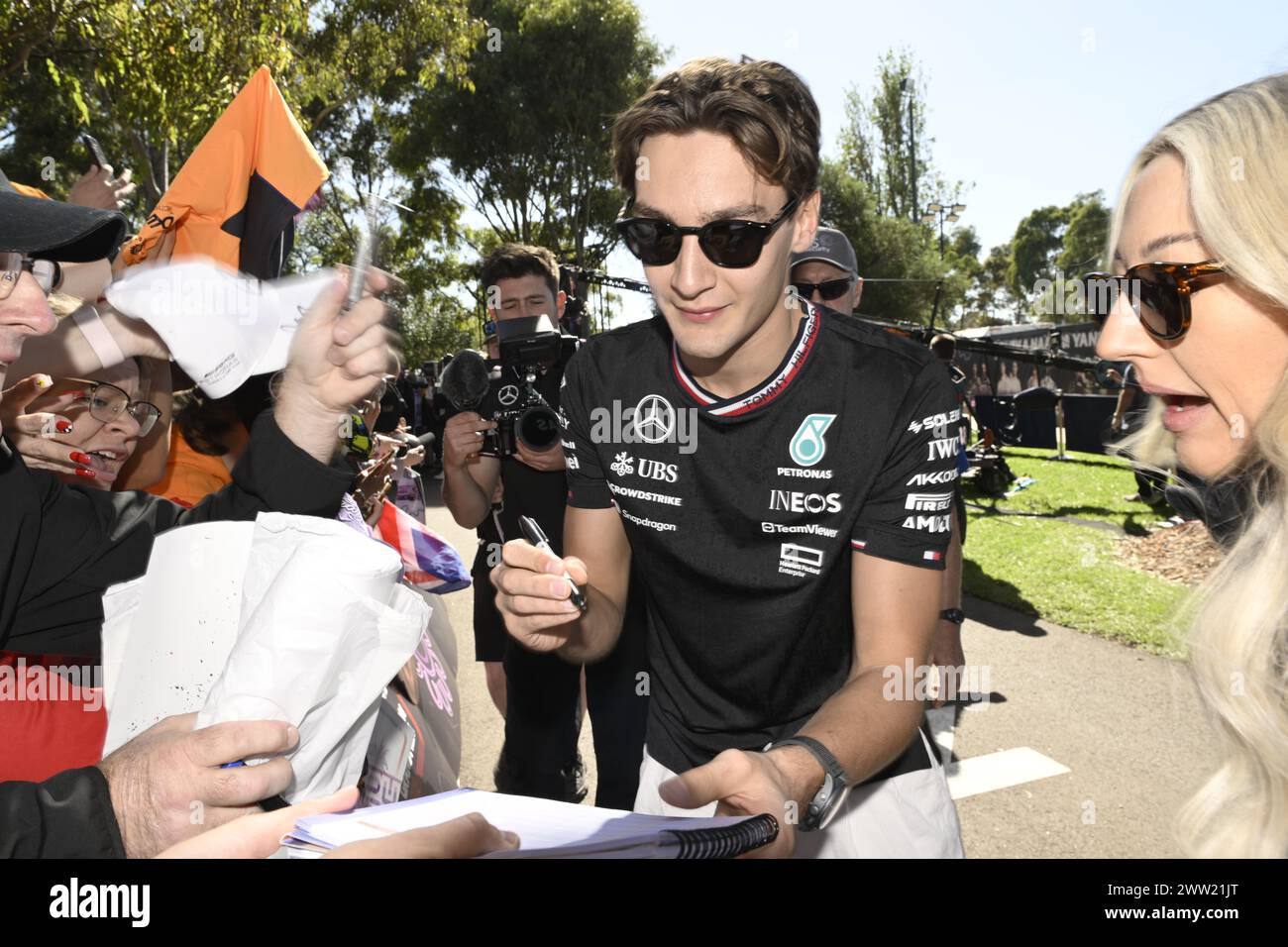 MELBOURNE, AUSTRALIA 21 Mar 2024. Pictured: 63 George Russell (GBR) Mercedes-AMG Petronas F1 Team at Melbourne Walk at the FIA Formula 1 Rolex Australian Grand Prix 2024 3rd round from 22nd to 24th March at the Albert Park Street Circuit, Melbourne, Australia. Credit: Karl Phillipson/Alamy Live News Stock Photo