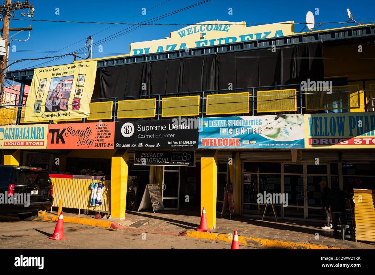 Dental offices, pharmacies, and opticians on the street at Los Algodones Mexico, known locally