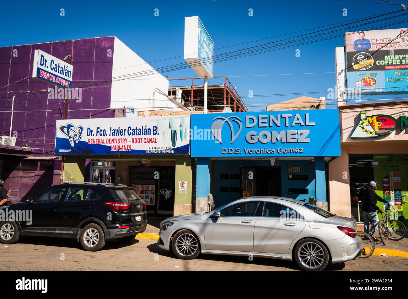 Dental offices, pharmacies, and opticians on the street at Los Algodones Mexico, known locally