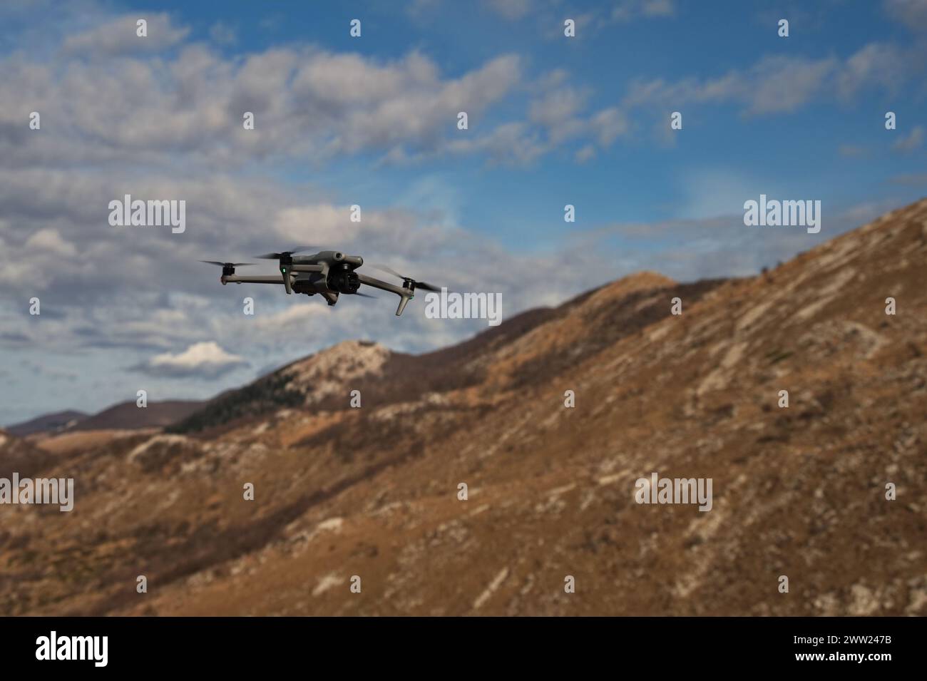 Drone flying above mountain ridge in Croatia Stock Photo
