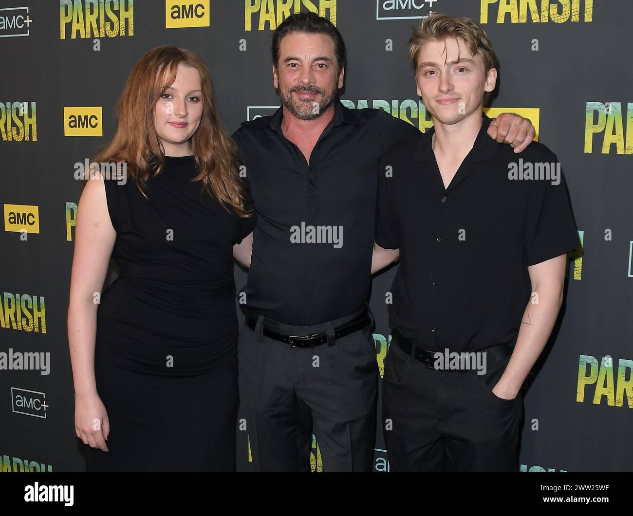 Los Angeles, USA. 20th Mar, 2024. (L-R) Naiia Rose Ulrich, Skeet Ulrich and Jakob Ulrich at the AMC/AMC 's PARISH Premiere held at The London West Hollywood in West Hollywood, CA on Wednesday, March 20, 2024. (Photo By Sthanlee B. Mirador/Sipa USA) Credit: Sipa USA/Alamy Live News Stock Photo