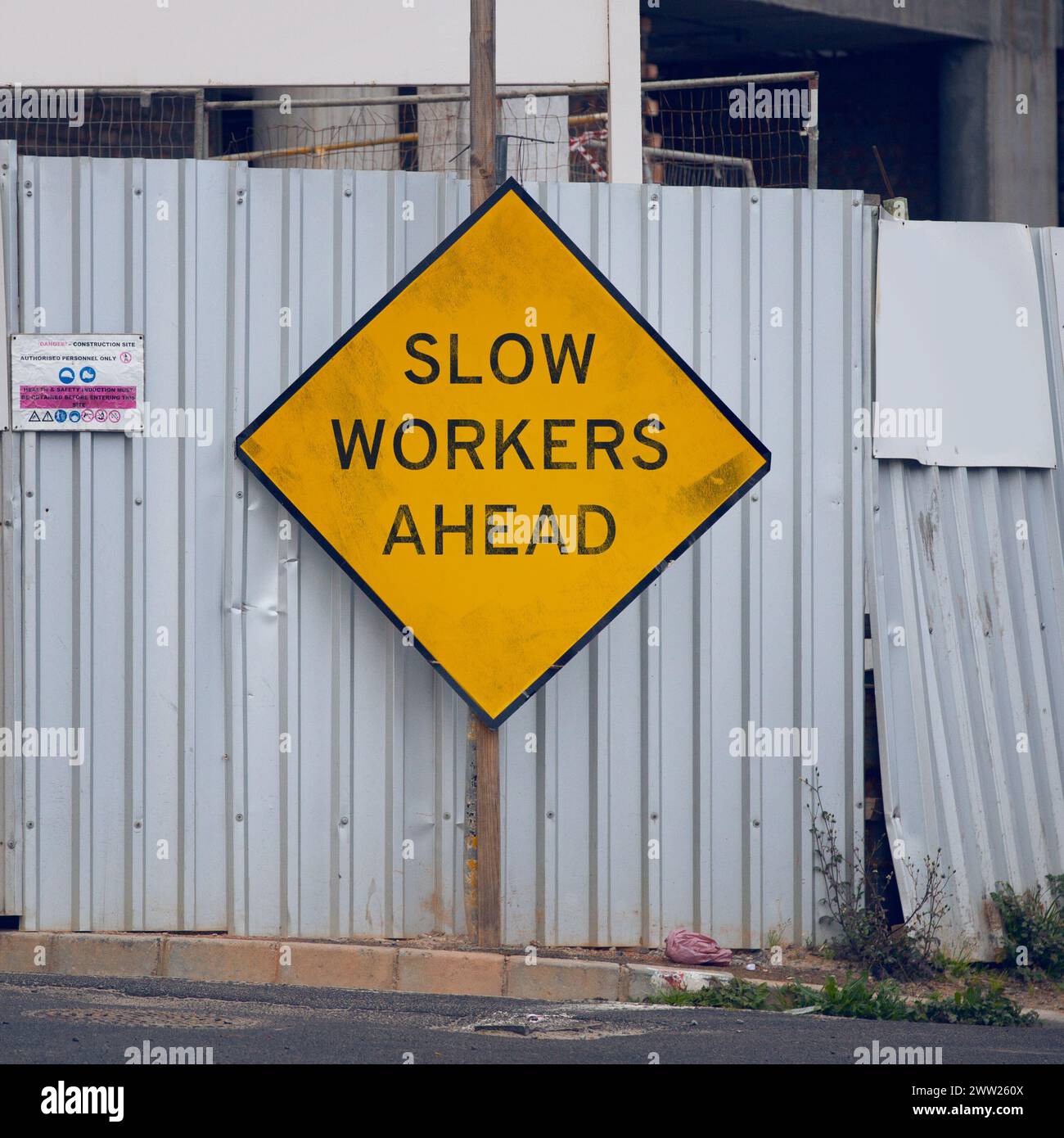 Road sign warning and signage in street for construction with caution