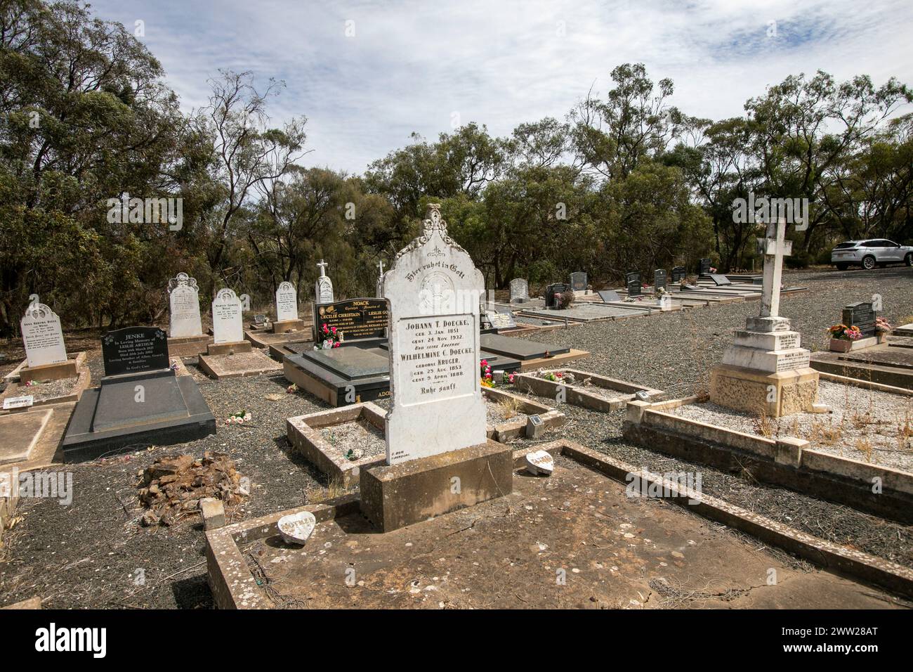 Rural cemetery graveyard in Australia, St Petri Lutheran cemetery in St Kitts, South Australia, church is now closed,2024 Stock Photo