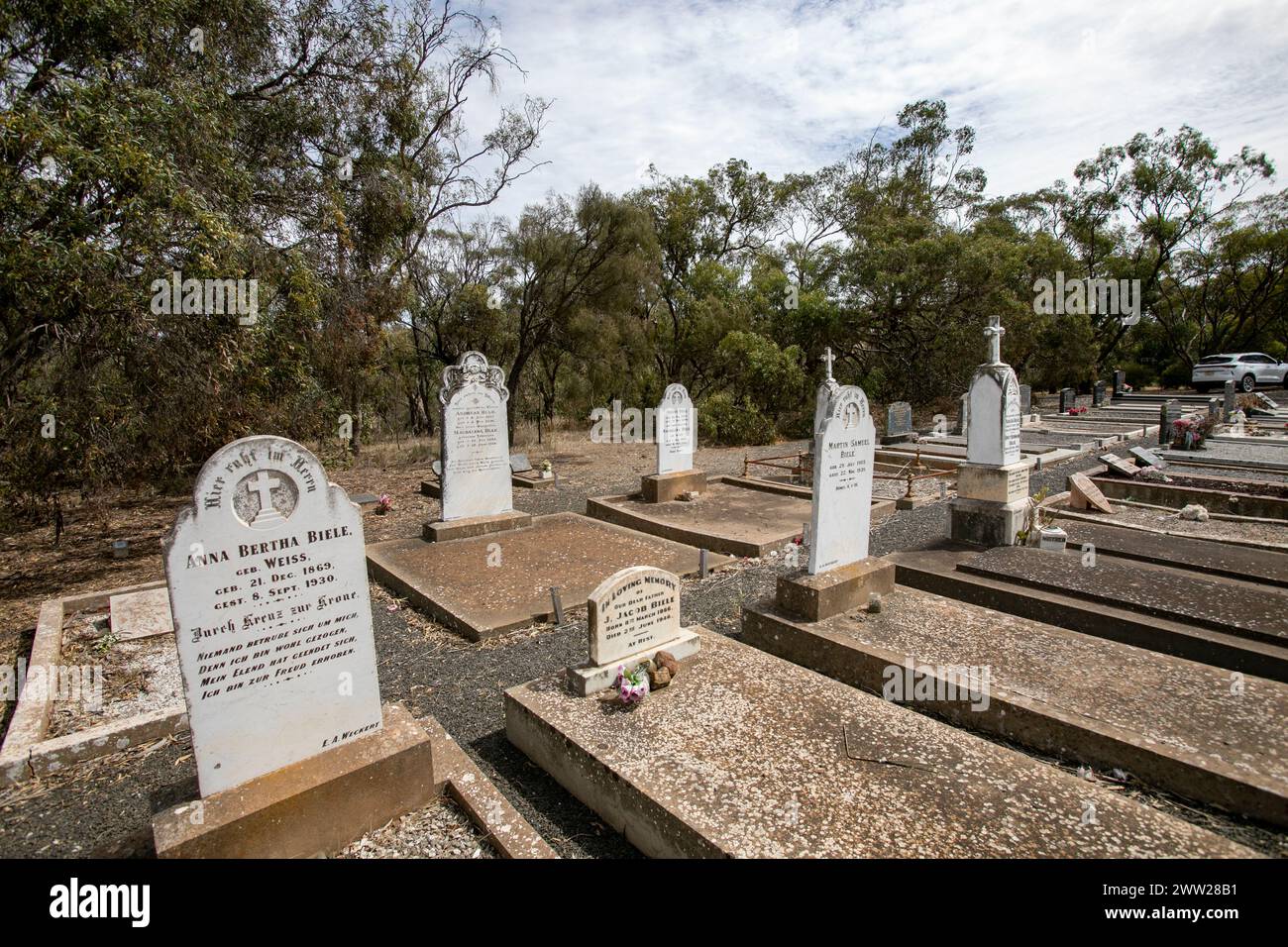 Rural cemetery graveyard in Australia, St Petri Lutheran cemetery in St Kitts, South Australia, church is now closed,2024 Stock Photo