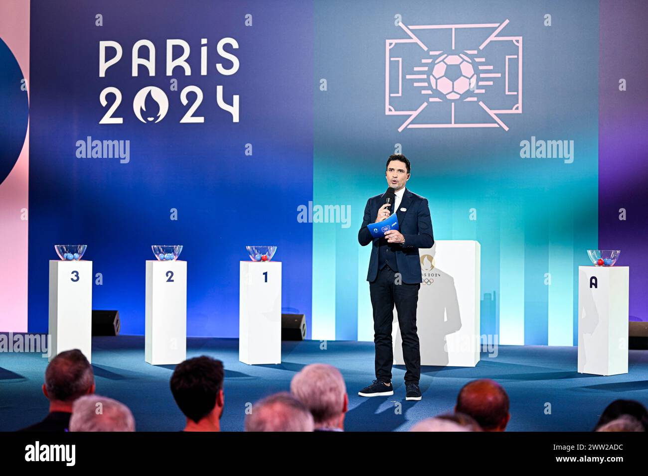Fabien Leveque during the Olympic Games football tournament final draw at Paris 2024 HQ on March