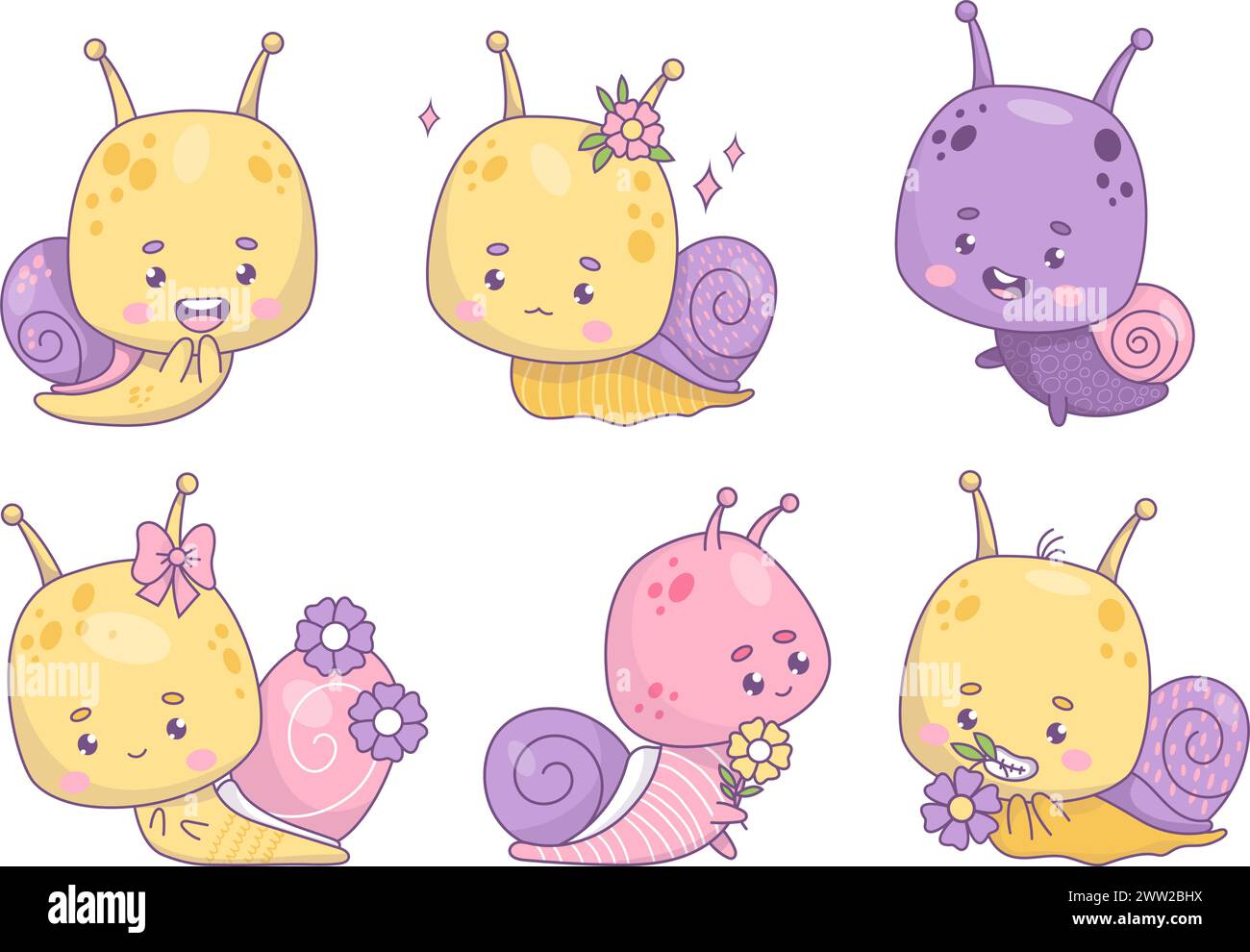 Funny snail kawaii character collection. Isolated cute insect with flower on white background. Cool vector illustration. Kids collection Stock Vector