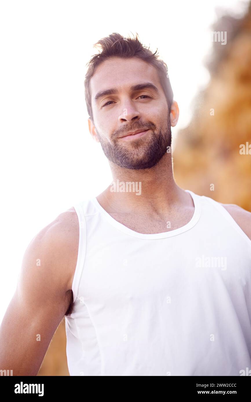 Man, runner and portrait for outdoor workout, sports and nature for
