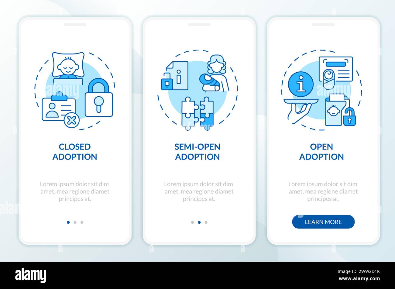 Adoption categories blue onboarding mobile app screen Stock Vector