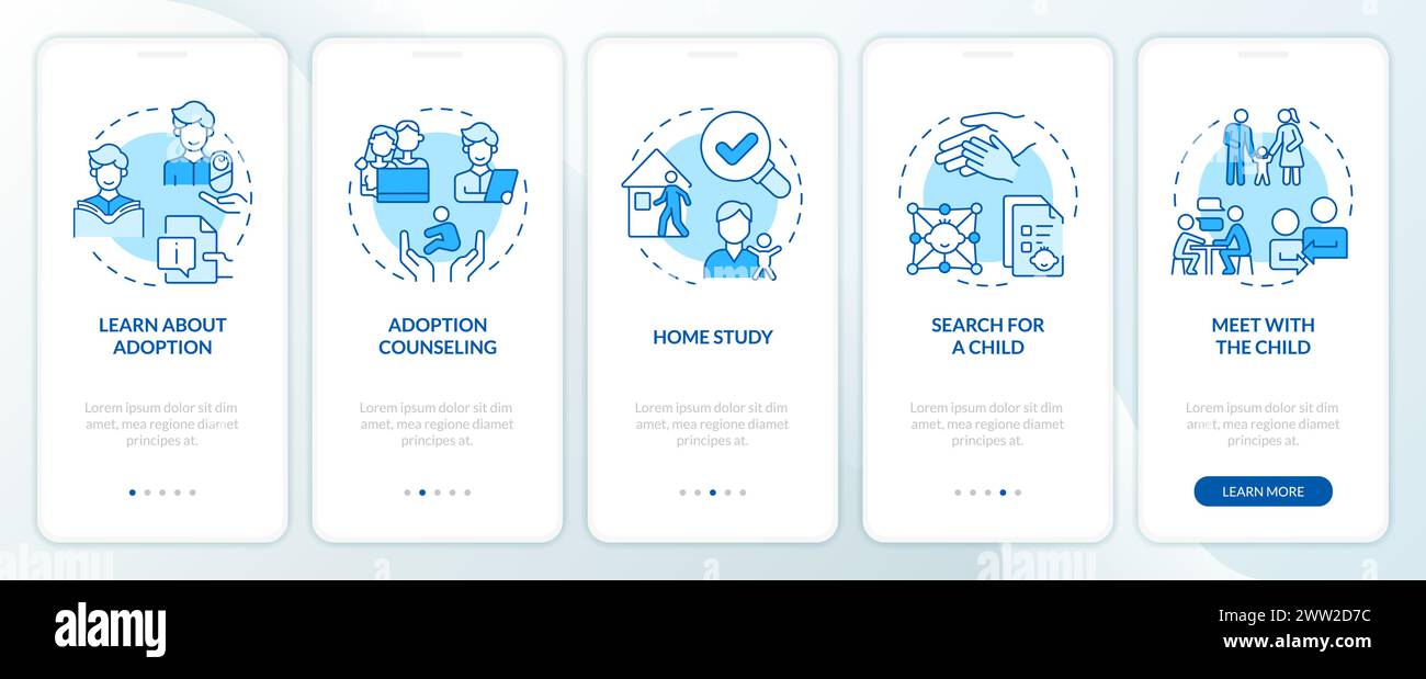 Adoption process blue onboarding mobile app screen Stock Vector