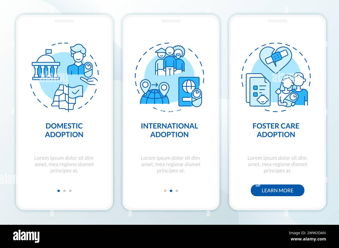 Types of adoption blue onboarding mobile app screen Stock Vector Image ...