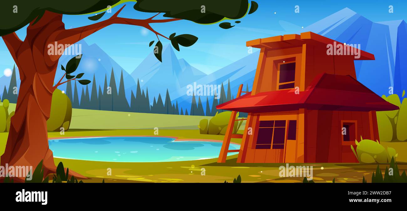 Wooden house near lake in mountain valley. Vector cartoon illustration of shabby rural cottage near blue water surrounded by old tree, green grass, bushes, beautiful summer travel scenery, sunny sky Stock Vector