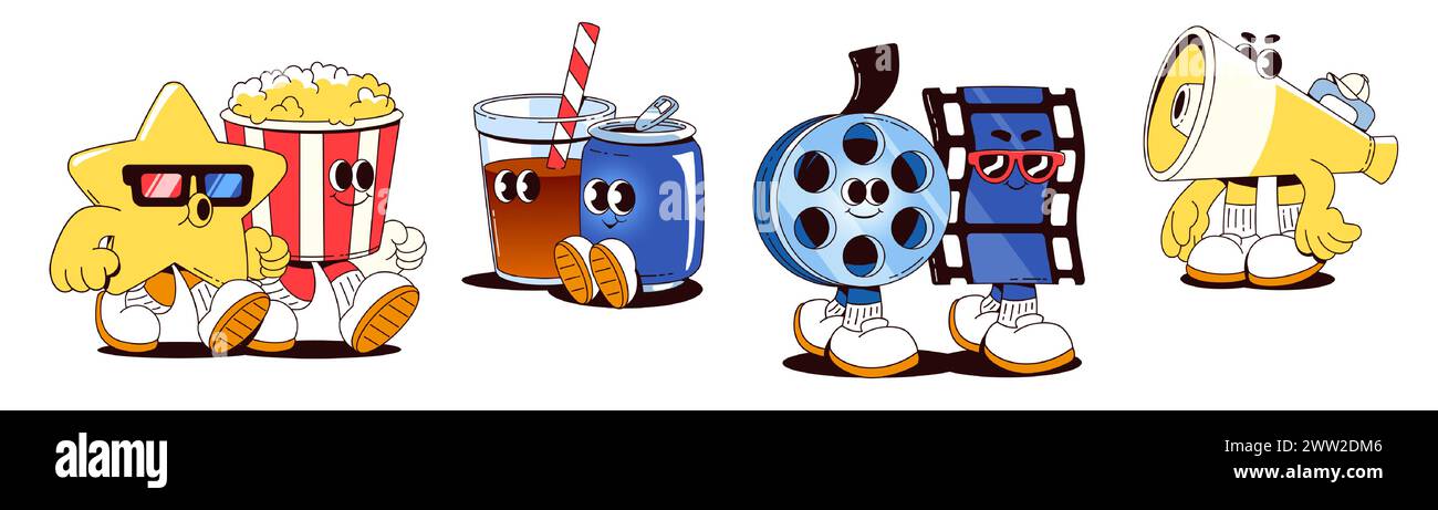 Cinema film character and cute popcorn movie icon. Theater food and snack vector. Hollywood mascot and funny video tape in glasses. Isolated happy megaphone, pop corn and soda design with face Stock Vector