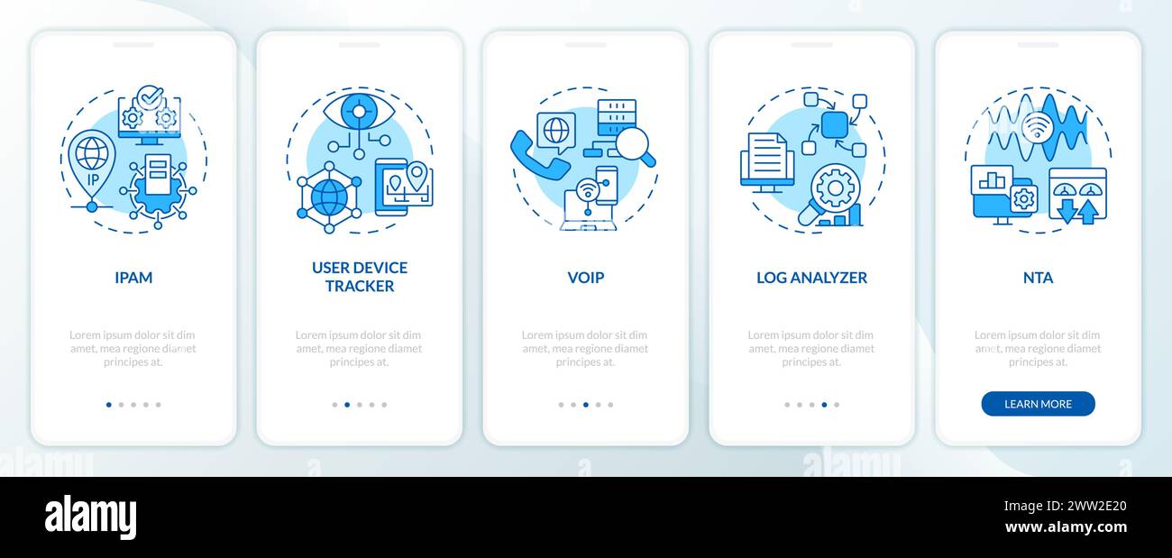 Network management software blue onboarding mobile app screen Stock Vector