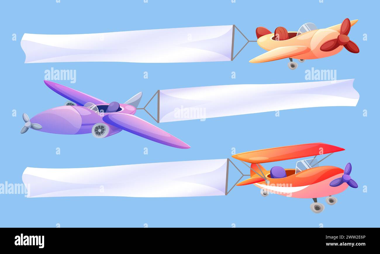 Cartoon sky plane banner with ribbon for message in air. Vintage biplane fly vector. Advertising with old airplane flight design. Aeroplane with propeller flying with billboard on blue background Stock Vector