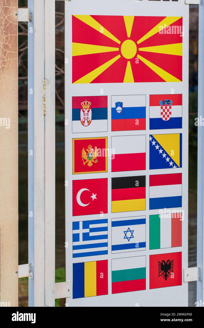 Flags around the world. Macedonia, Croatia, Turkey, Greece, Serbia, Poland, Montenegro, Bosnia, Holland, Germany, Poland, Italy, Slovenia and Israel. Stock Photo